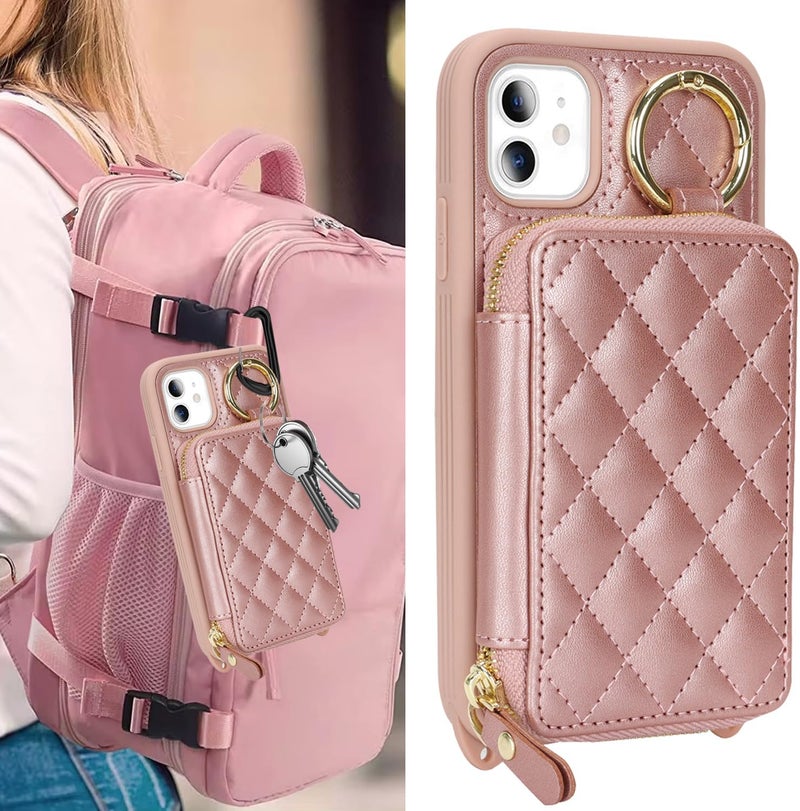 Hamany Crossbody Wallet Case for iPhone 11, PU Leather Zipper Handbag Purse Flip Cover, Kickstand Folio Case with Card Slots Holder Wrist Strap Lanyard 6.1 Inch-Rose Gold - Image 3